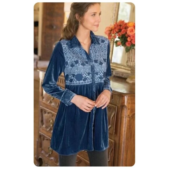 Soft Surroundings Blue Velvet Long Sleeve Buttondown Blouse sz XL - Picture 4 of 10